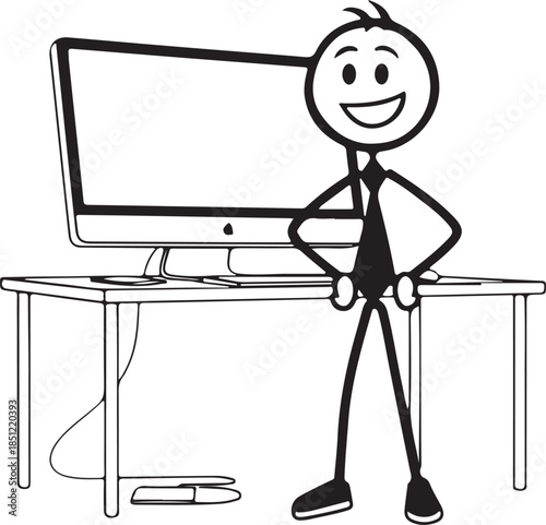 Happy stick figure businessman standing next to computer monitor showing data analytics dashboard on desk isolated on transparent background