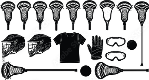 Lacrosse equipment collection featuring silhouettes of sticks, protective helmets, gloves, goggles, jersey, and balls for professional sports team branding and tournament graphic design
