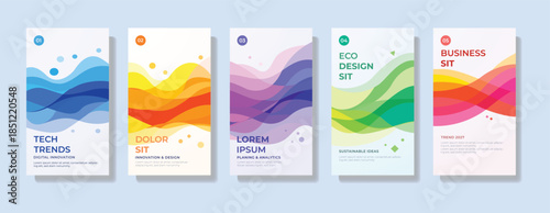 Modern themed poster layout set with flowing wave shapes and clean typography designed for technology trends, business concepts, eco design visuals and contemporary presentation covers