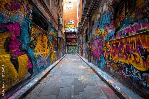 Vibrant graffiti fills the walls of an urban alleyway showcasing street art and creativity in the heart of the city during the day