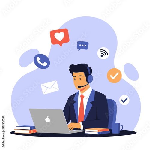 Man Wearing Headset Working on Laptop.