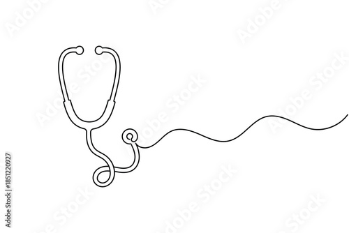 Continuous line art drawing of a medical stethoscope for healthcare and wellness concepts