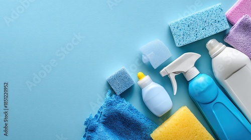 Essential home cleaning supplies and tools arranged on a pristine blue background