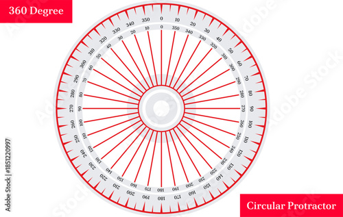 360 Degree Circular Protractor Diagram for Geometry, illustration of a full circle 360-degree protractor
