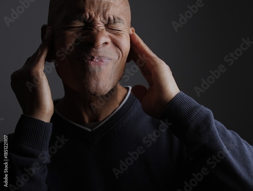 deafness suffering from deafness and hearing loss Senior man cupping his ear having difficulty hearing on gray background with people stock photo stock image
