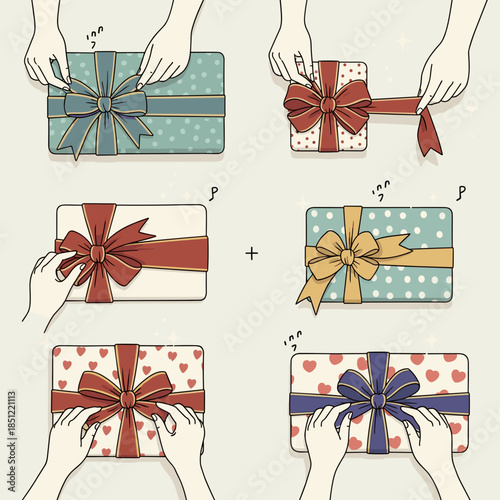 A step-by-step illustration showing how to tie a perfect bow on a gift box, with multiple examples of different ribbon colors and patterns.