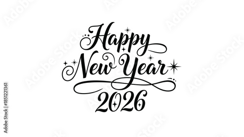 Elegant calligraphy reads happy new year 2026 with decorative swirls