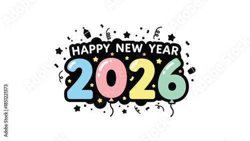 Festive new year celebration graphic with colorful balloons and confetti elements