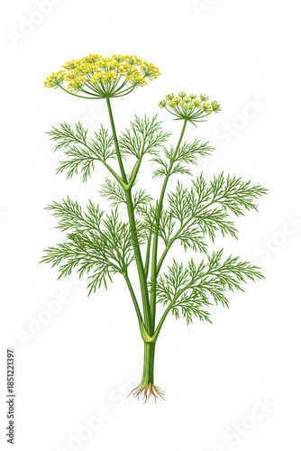 Botanical Illustration of Dill Plant with Flowers and Roots