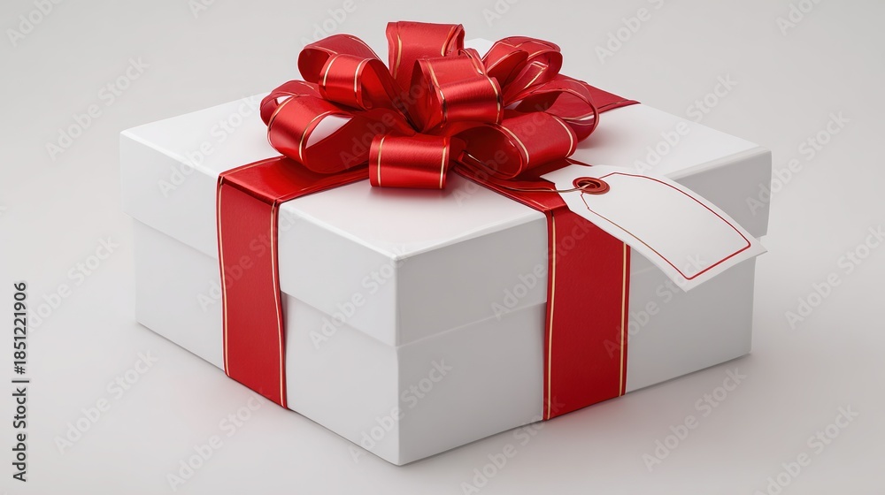 Fototapeta premium An elegant white gift box adorned with a festive red ribbon and a decorative bow, featuring a blank tag