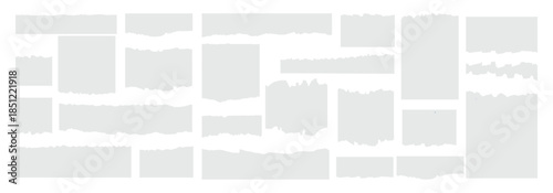 Set of white ripped paper strips. Realistic torn notebook paper pieces collection. Sticky notes pack. Vector illustration.