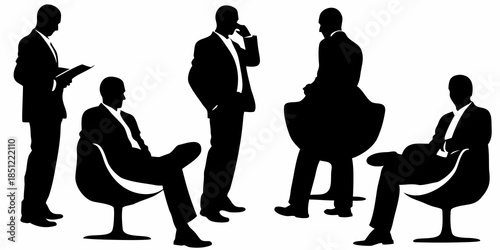 Silhouettes of business professionals in various poses and office settings