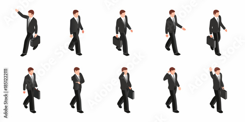 Isometric business people walking in various poses with briefcases