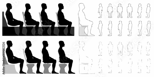 Silhouettes of people sitting in chairs varying perspectives and tonal shades