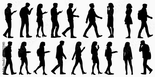 Diverse group of people silhouettes walking in various casual and formal poses