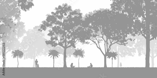 Silhouetted trees and distant figures create a tranquil park scene