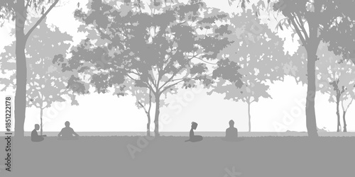 Silhouettes of people meditating outdoors among trees in a serene landscape