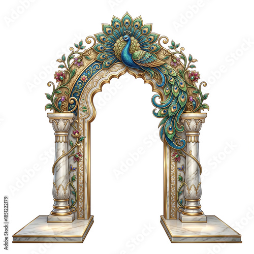 Decorative Archway with Peacock and Floral Embellishments ornate isolated on a transparent background