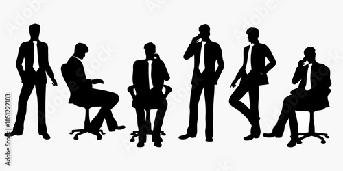 Silhouettes of business people in various postures representing workplace dynamics