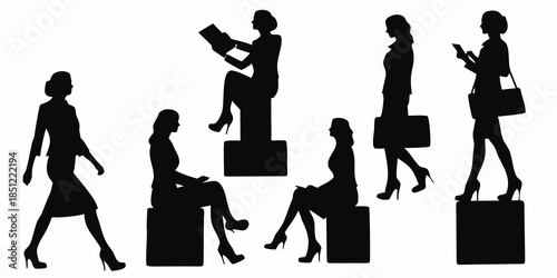 Silhouettes of women in various poses with luggage and accessories