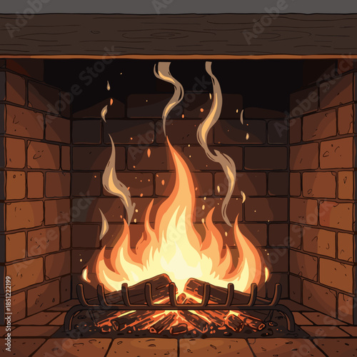A cozy fireplace with burning logs and warm flames, creating a comforting ambiance.