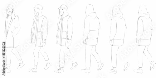 Fashion design sketches of women wearing hooded outerwear and casual clothing