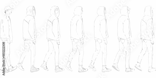 Sketch of a person in multiple poses wearing a hoodie and cap