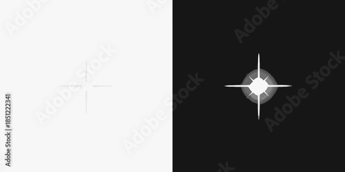 A stark contrast between white and black backgrounds with starburst elements