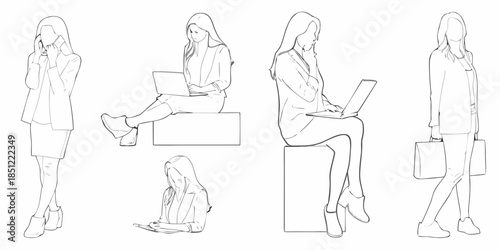 Line art illustration of four women in professional attire diverse poses