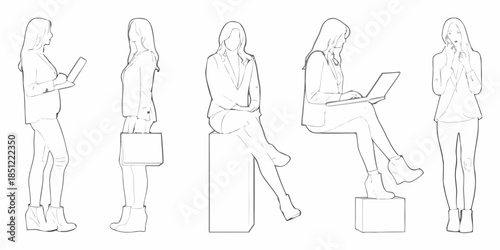 Line art illustrations of women in various poses with modern attire