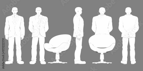 Minimalist white line drawing of men and chairs on a gray background