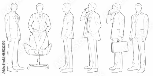 Line art illustration of six men in business suits and office chair