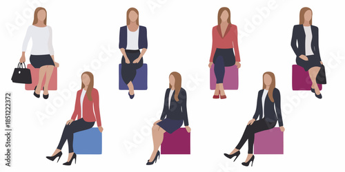A collection of women in business attire seated on colorful blocks