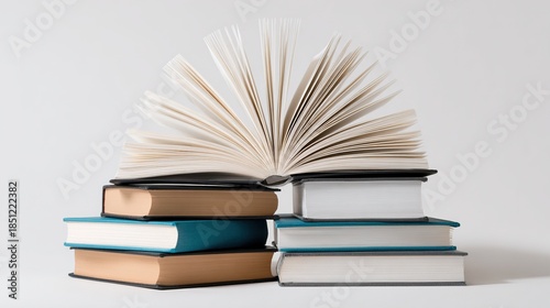 An open book symbolizing knowledge and learning on a stack of diverse books