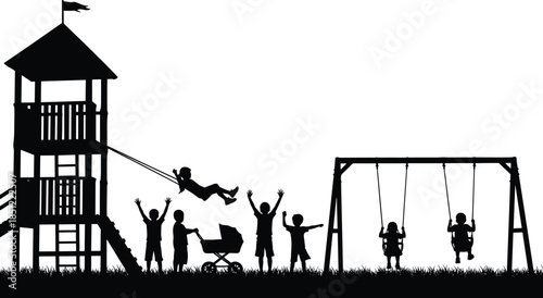Children playing at playground silhouette with swings, slide and tower, happy kids outdoor activity scene isolated on white background