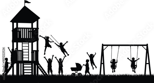 Children playing at playground silhouette with swings, tower and slide, happy kids outdoor activity scene isolated on white background