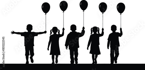 Children silhouette holding balloons together, happy kids walking in a row, childhood joy, freedom and innocence concept, isolated figures