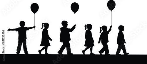 Children silhouette walking with balloons, happy kids parade concept, childhood joy and innocence, playful outdoor scene, isolated black figures