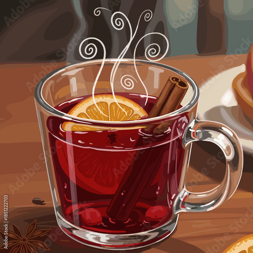 A steaming glass mug of mulled wine with an orange slice, cinnamon stick, and cranberries on a wooden table.