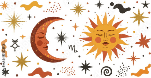 Boho Celestial Sun and Moon with Stars Illustration Set for Mystical Cosmic Design Elements