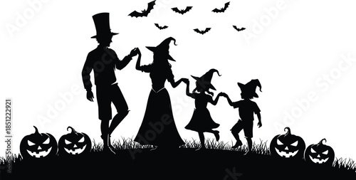 Halloween family silhouette dancing together, parents and children in witch costumes with pumpkins and bats, spooky festive night scene