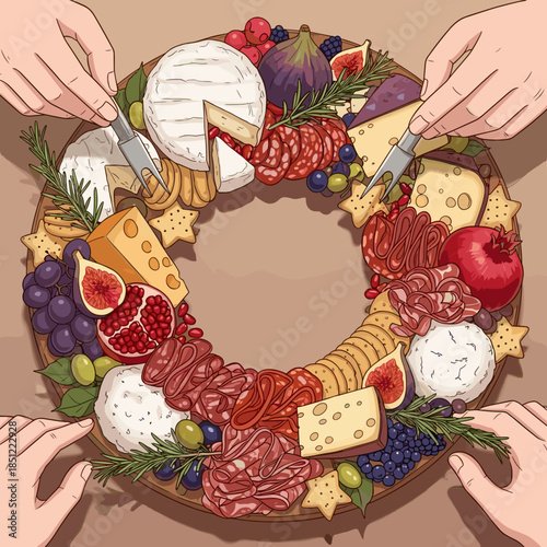 A circular charcuterie board arranged like a festive wreath, featuring an assortment of cheeses, cured meats, fruits, and crackers, with hands reaching in to serve.