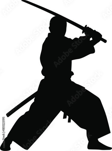 A dynamic silhouette of a samurai warrior preparing for battle with a katana