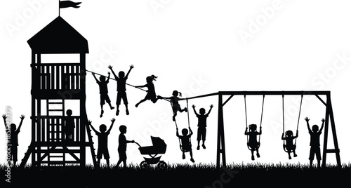 Happy children playing at playground silhouette with swings, climbing rope and tower, joyful kids outdoor activity scene isolated background