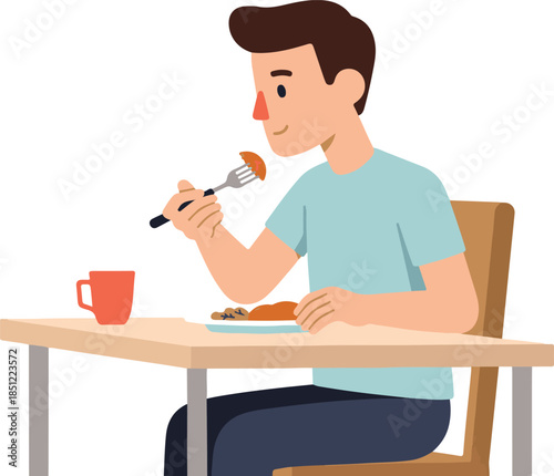 Modern Flat Vector Illustration of Adult Eating Lunch Calmly Everyday Moment