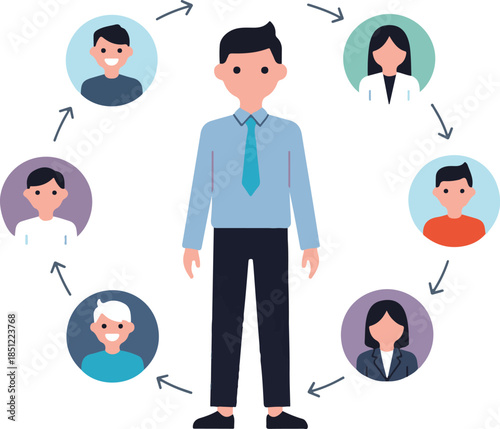 Modern flat vector illustration of adult professional collaborating with team