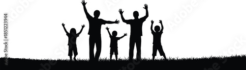 Happy family silhouette with parents and children raising hands together, joyful outdoor bonding moment on grass isolated on white background