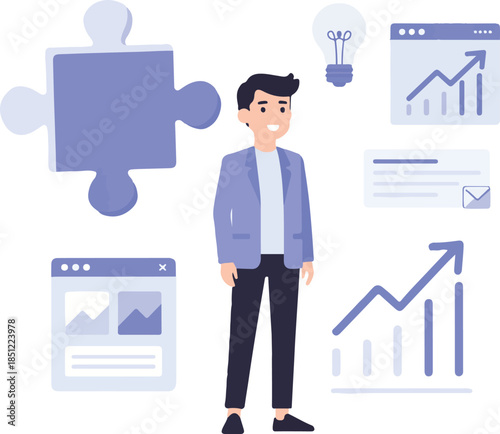 Modern flat vector illustration of adult entrepreneur solving business problem