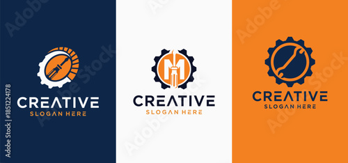 A collection of mechanical technology logos, a combination of alphabet and mechanic letters for vehicle repair shop logos