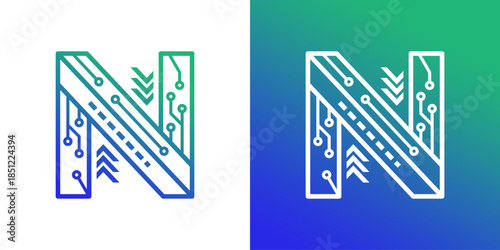 letter N logo with line art and circuit style
